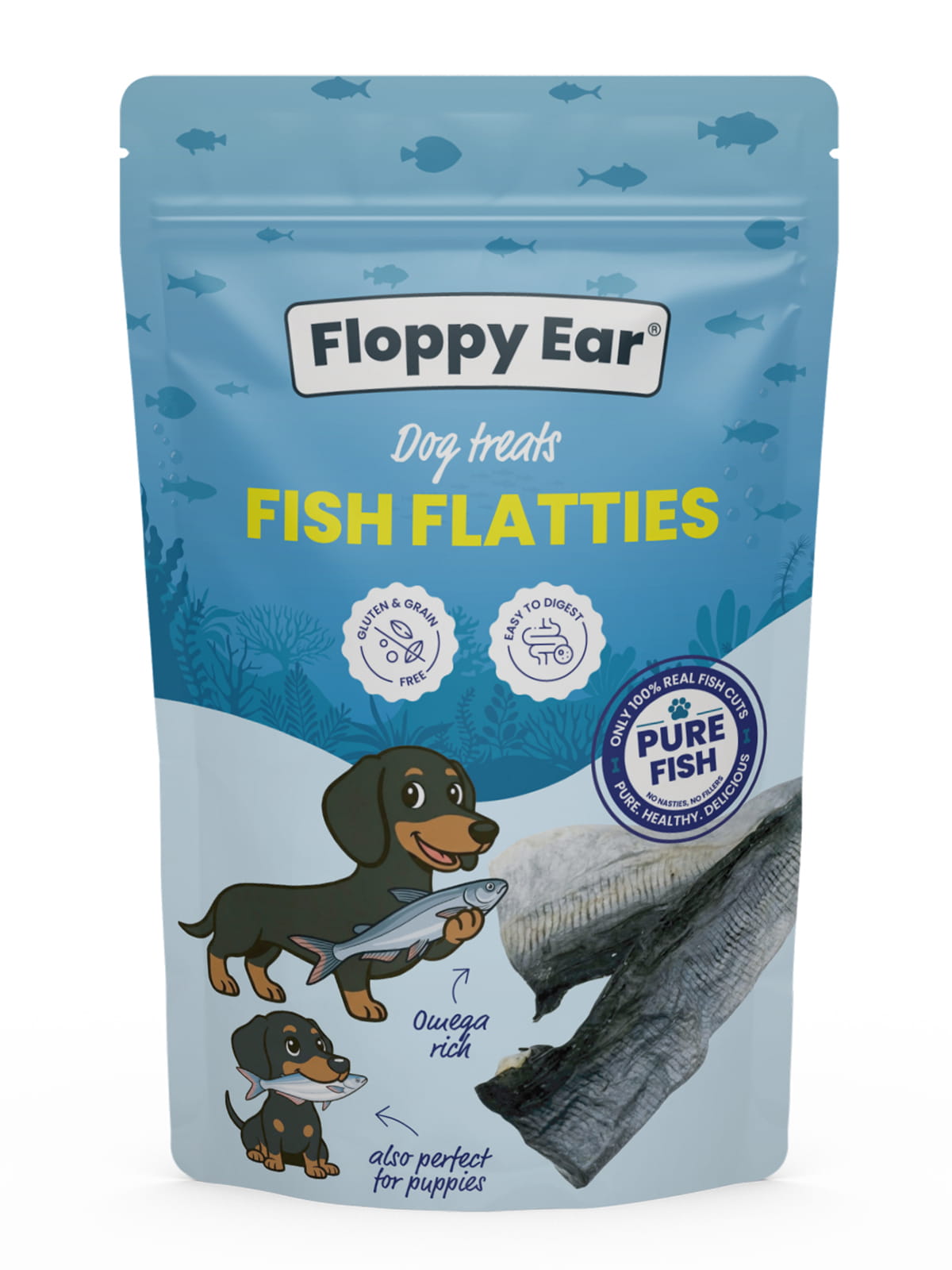 Package of Floppy Ear Fish Flatties dog treats with illustrations and text on a blue background