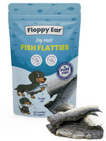 Packaging of Floppy Ear Fish Flatties dog treats with illustrations of dogs and fish.