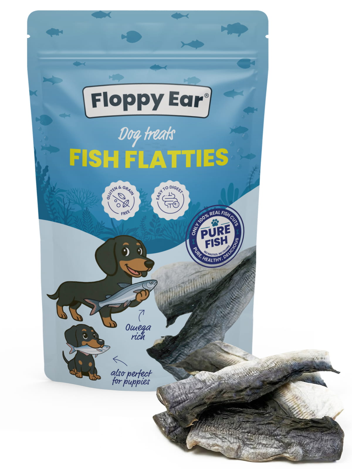 Packaging of Floppy Ear Fish Flatties dog treats with illustrations of dogs and fish.