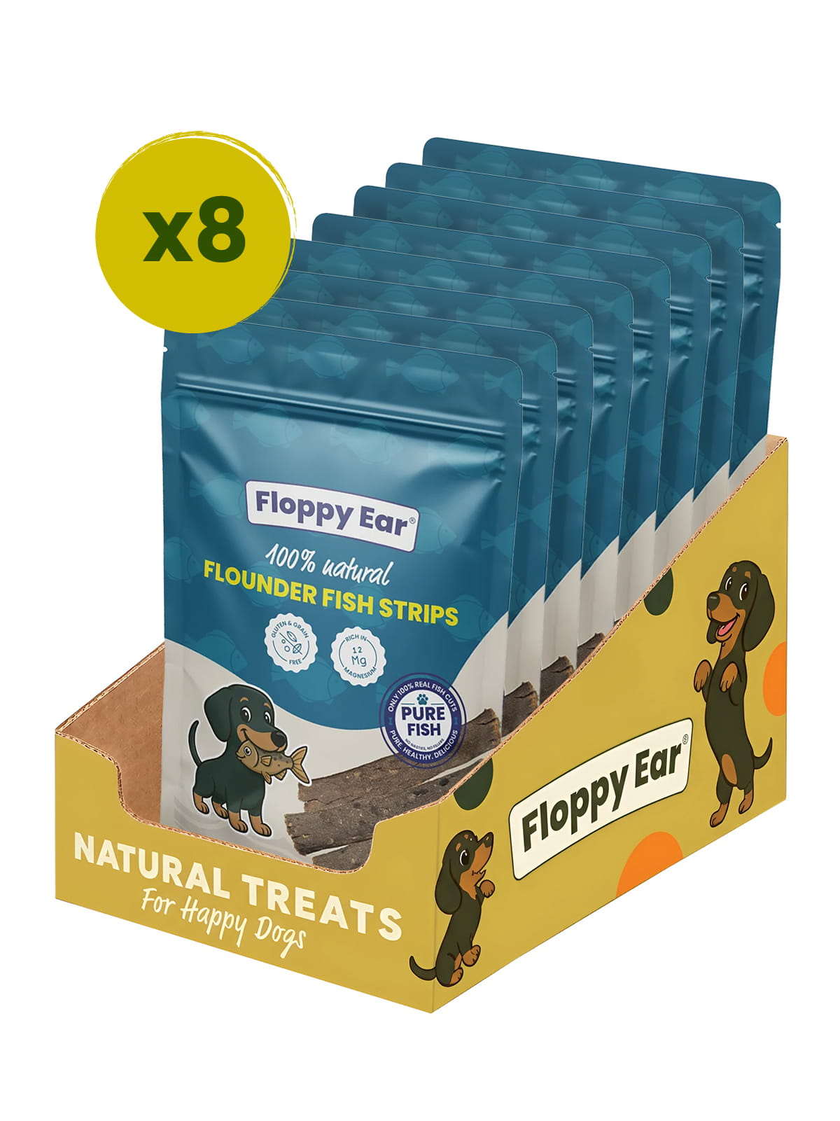 Box of 8 Floppy Ear Flounder Fish Strips natural dog treats, 8 x 150g bags (1.2kg)