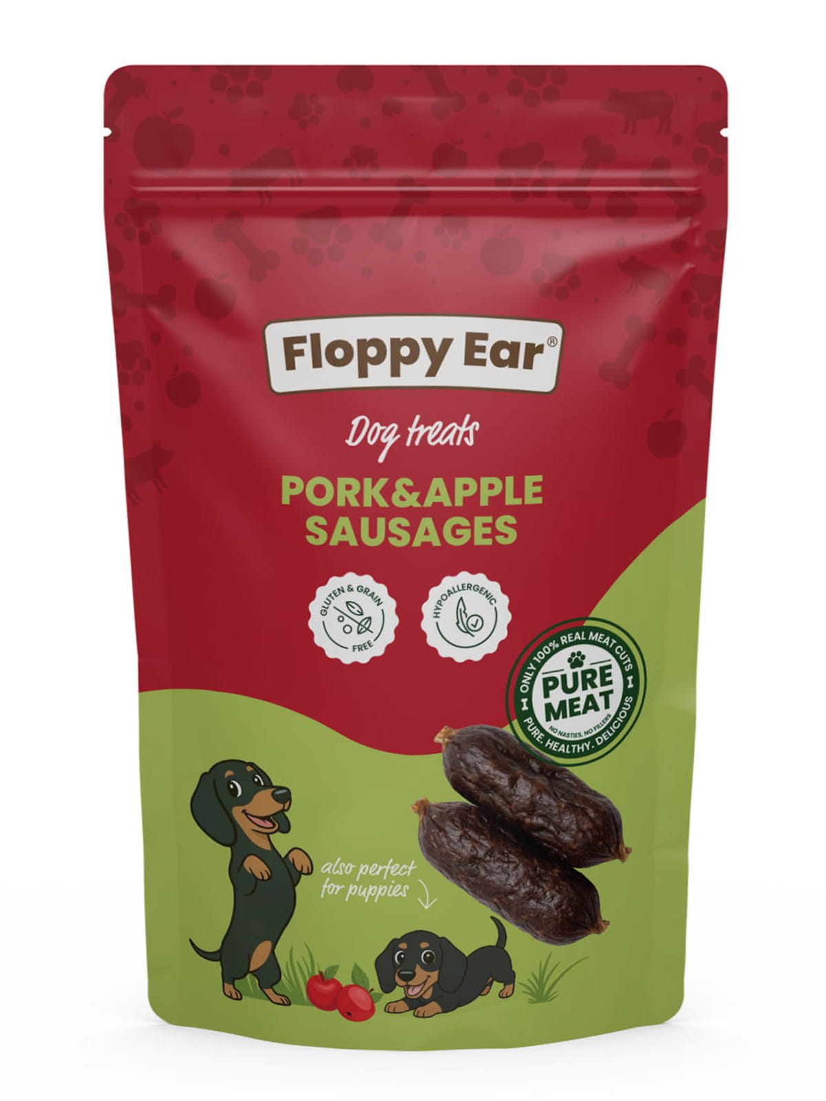 Floppy Ear Pork & Apple Sausages 100g dog treats pouch - front packaging view with cartoon dachshunds