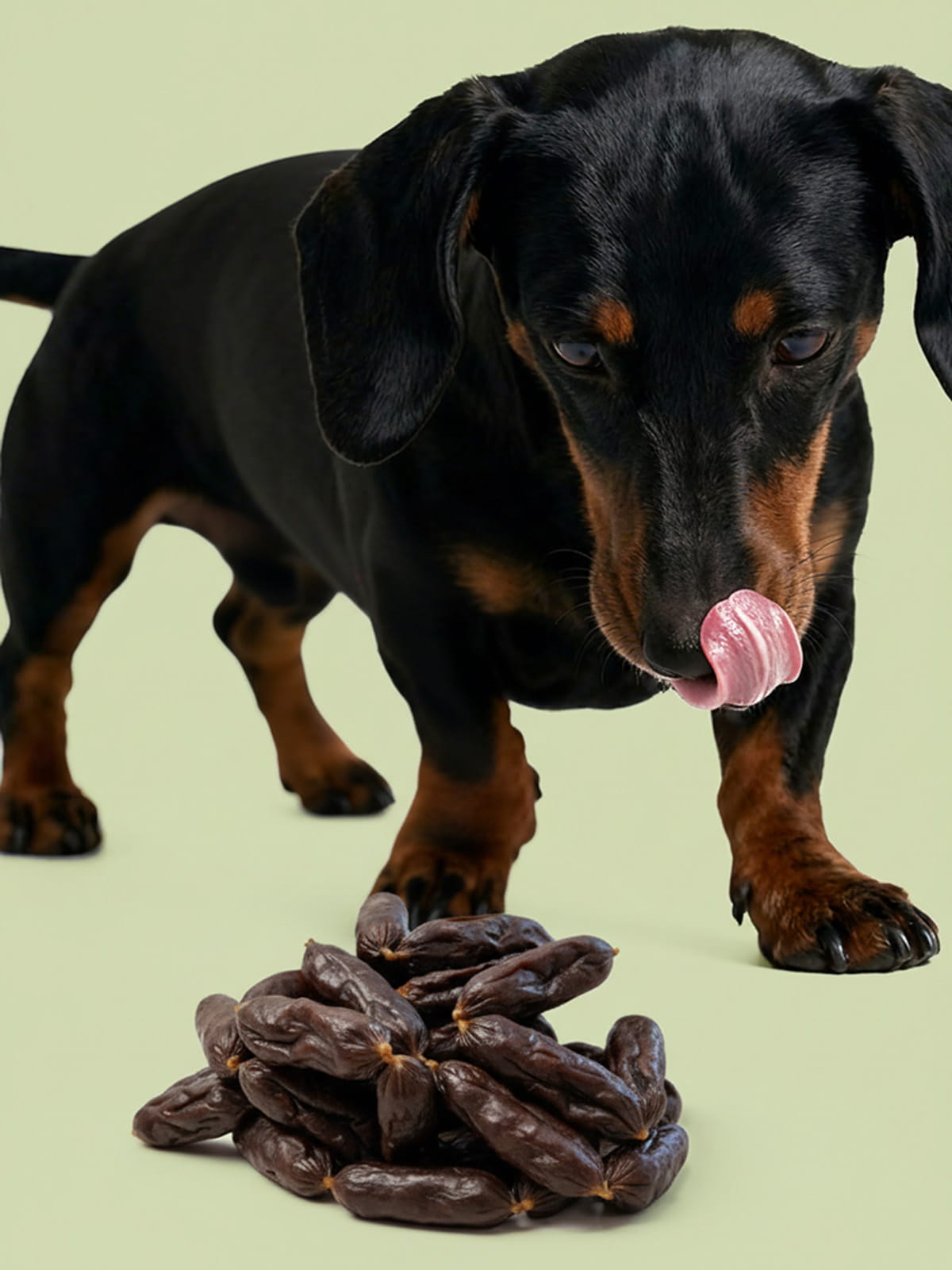 Black and tan dachshund dog licking its lips over a pile of Floppy Ear Pork & Apple Sausages dog treats