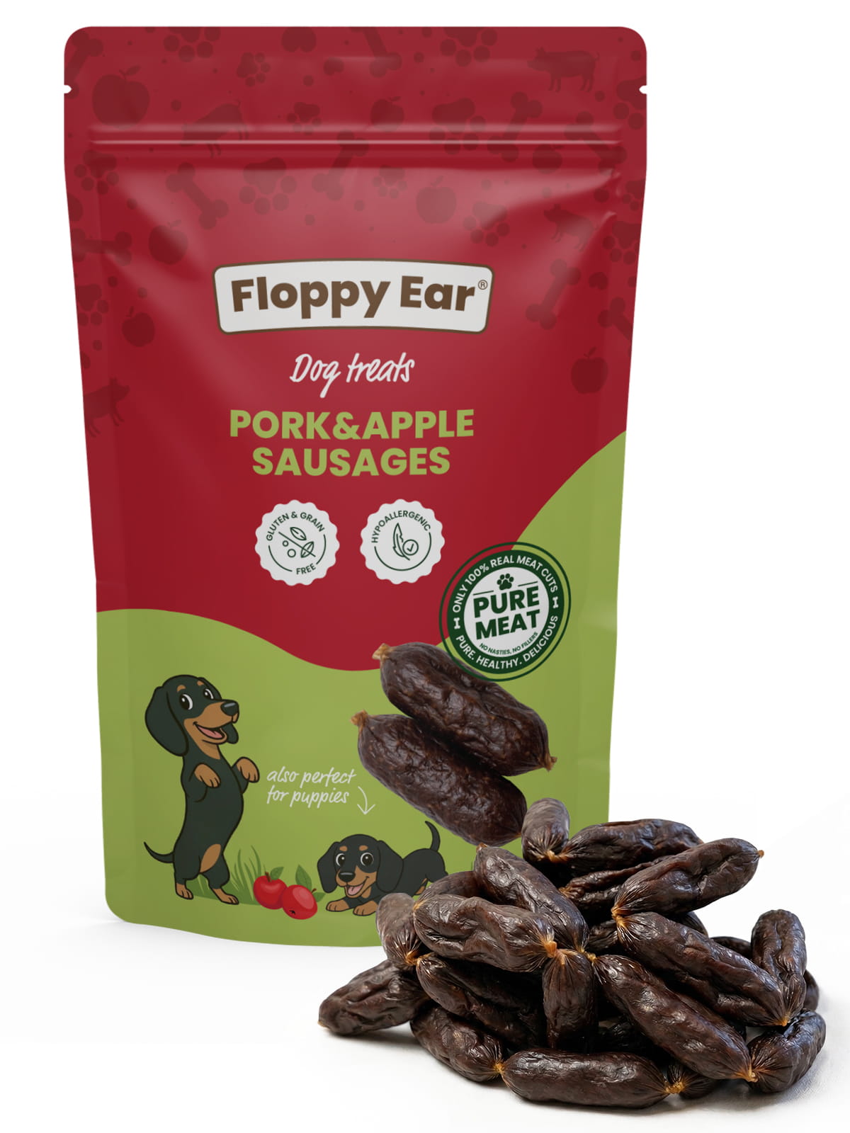 Floppy Ear Pork & Apple Sausages dog treats pouch with pile of loose dark sausages in foreground