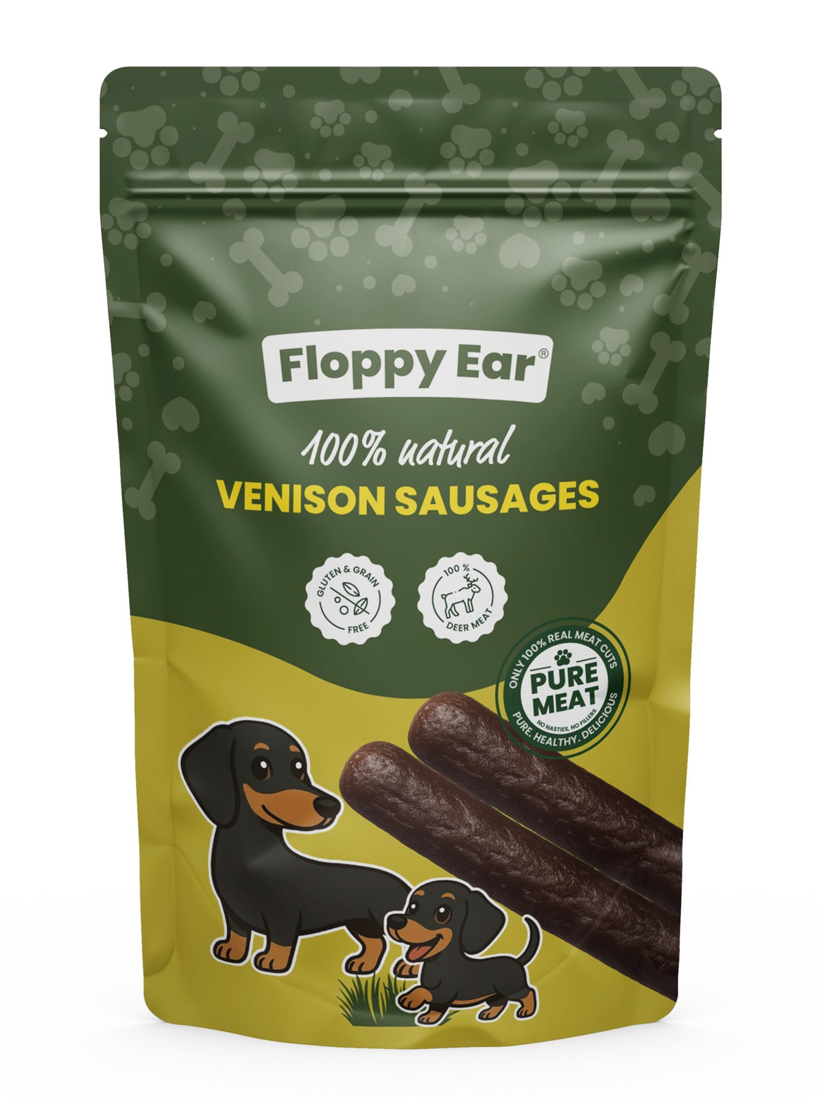 Front packaging of Floppy Ear 100% natural Venison Sausages dog treats – green and yellow pouch with cartoon dachshunds