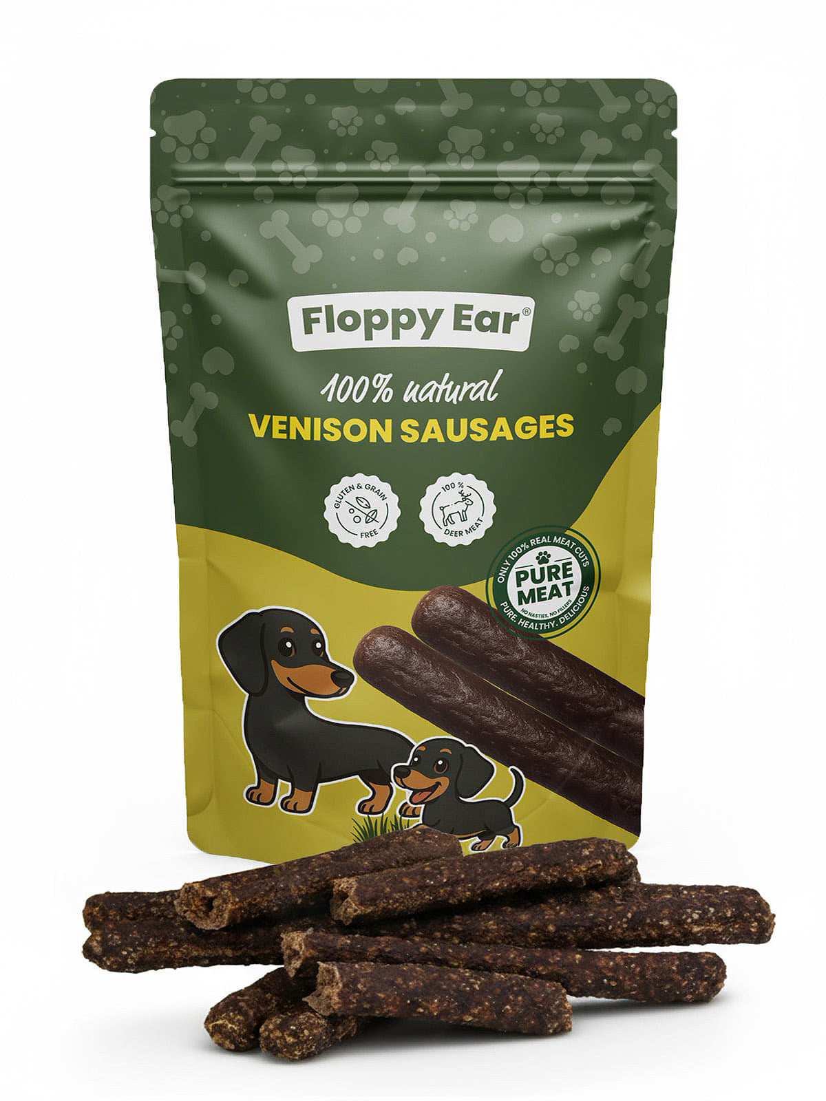 Floppy Ear 100% natural Venison Sausages dog treats pouch with loose sausages in foreground and dachshund illustrations