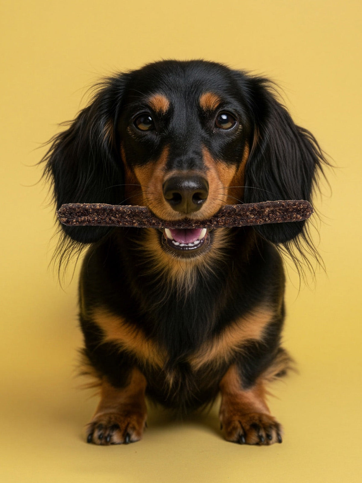 Cute black and tan dachshund dog holding a Floppy Ear Venison Sausage treat in its mouth
