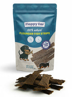 Packaging of Floppy Ear Flounder Fish Strips for dogs on a white background
