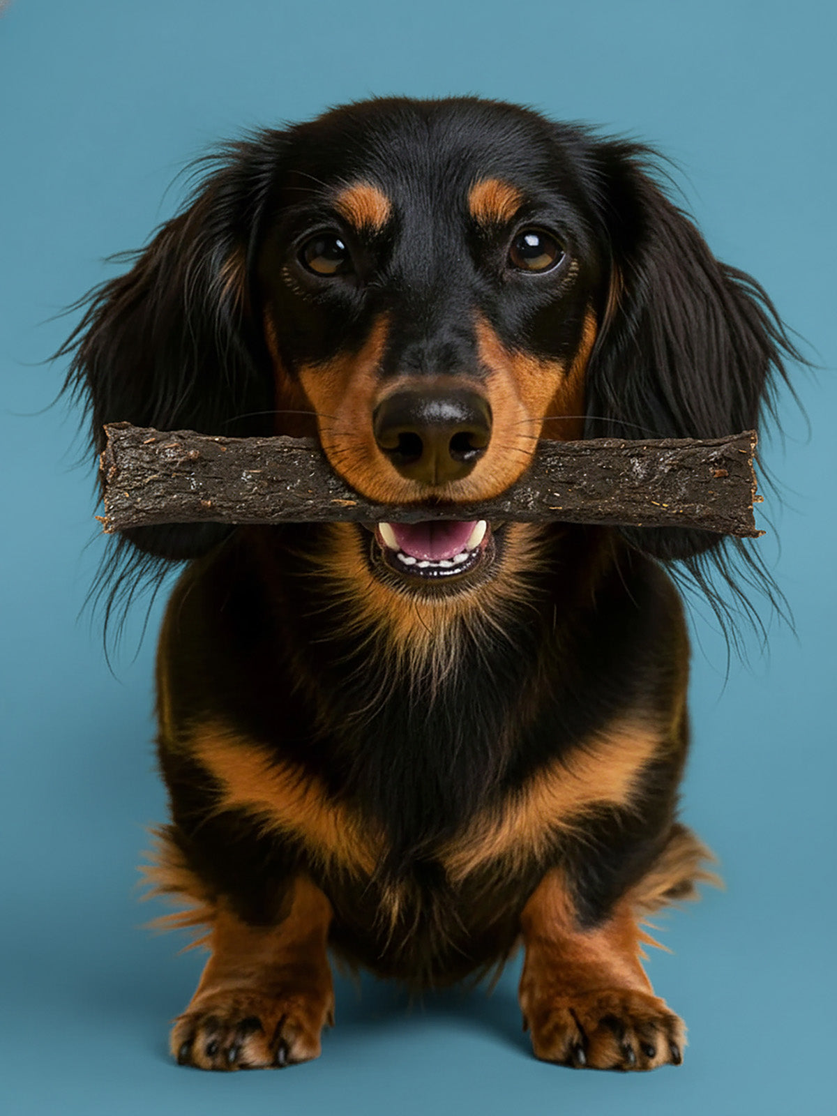 Dachshund holding a fish strip in its mouth against a blue background