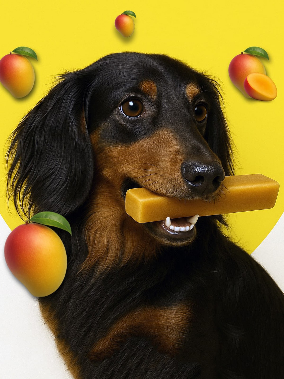Dachshund dog chewing Floppy Ear Himalayan Yak Chew Mango Flavour surrounded by mangoes