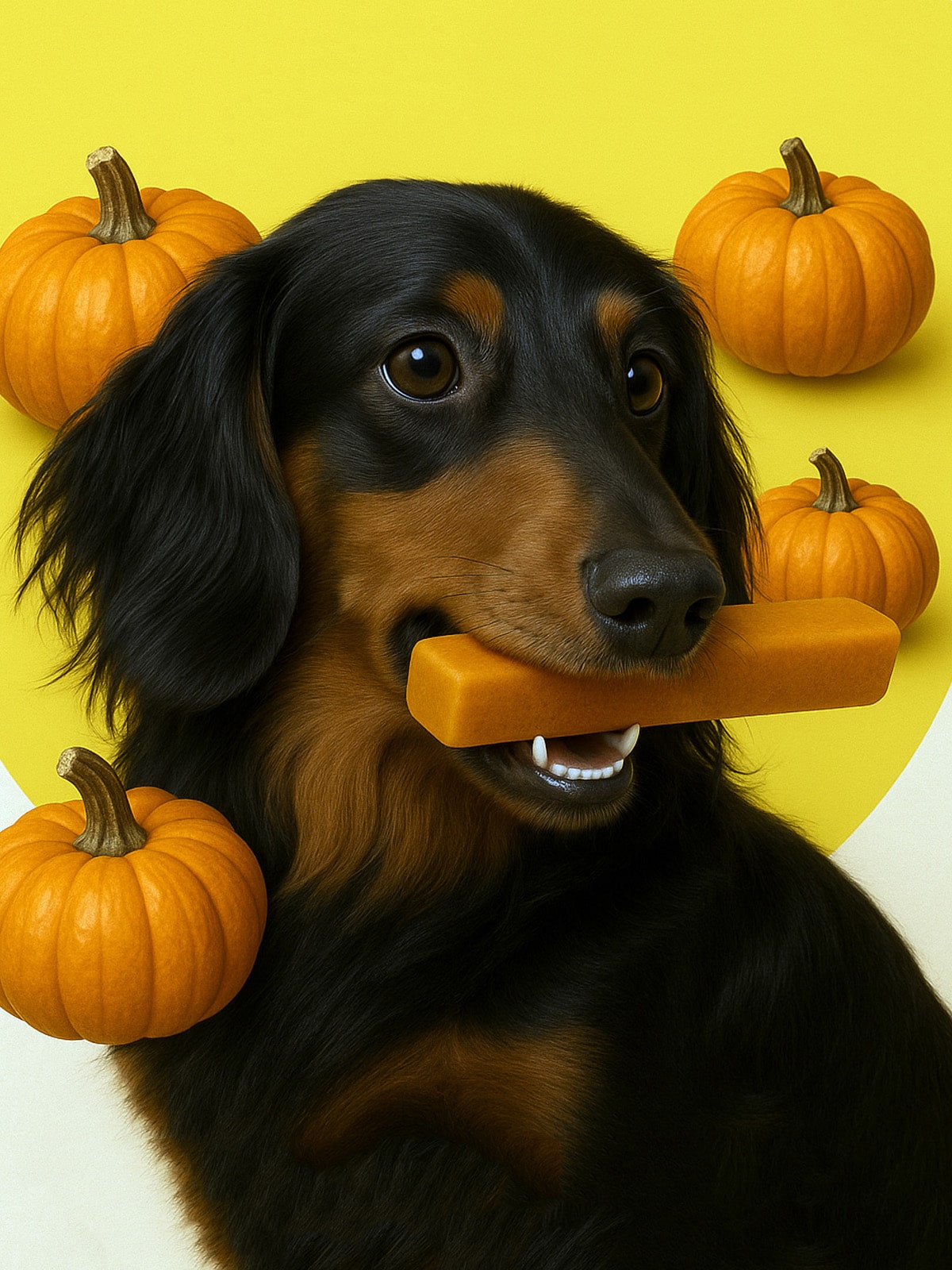 Dachshund dog chewing Floppy Ear Himalayan Yak Chew Pumpkin Flavour surrounded by pumpkins