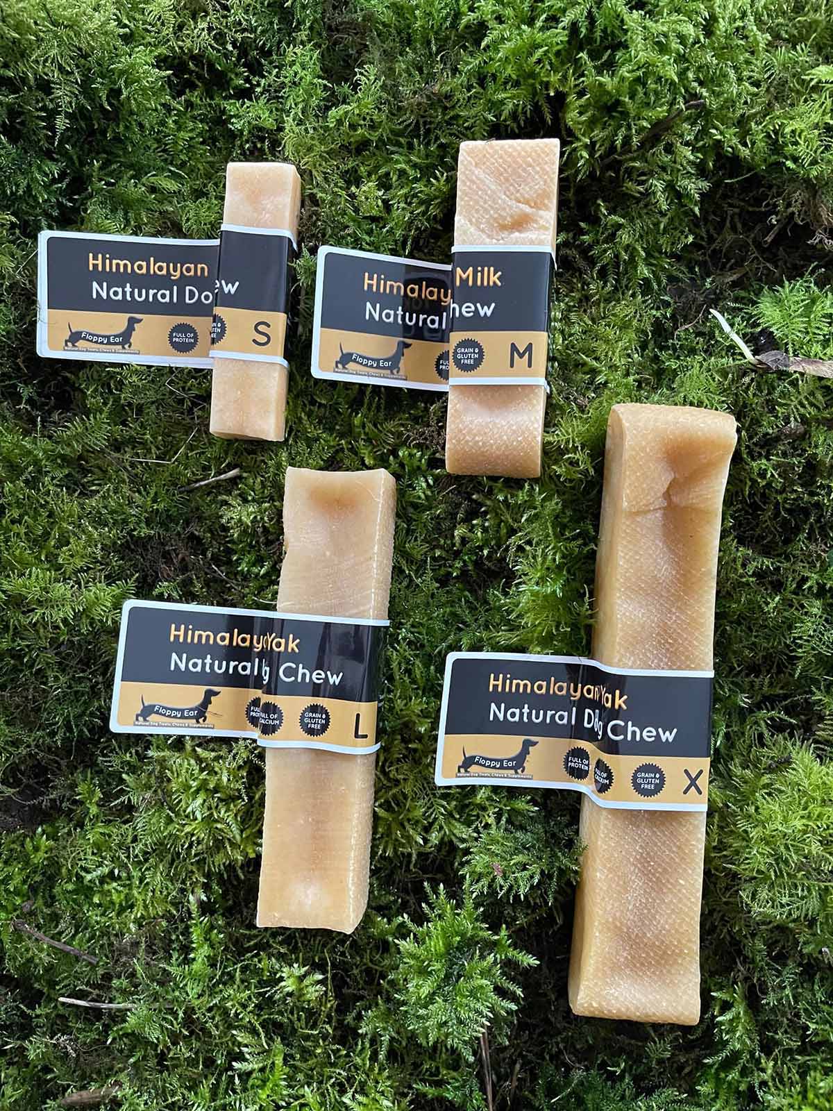 Floppy Ear Himalayan Yak Natural Dog Chew all sizes Small Medium Large Extra Large on moss