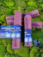 Blueberry Yak Floppy Ear Himalayan Yak Chews Blueberry Flavour Medium and Large sizes on moss with blueberries Chew - Floppy Ear