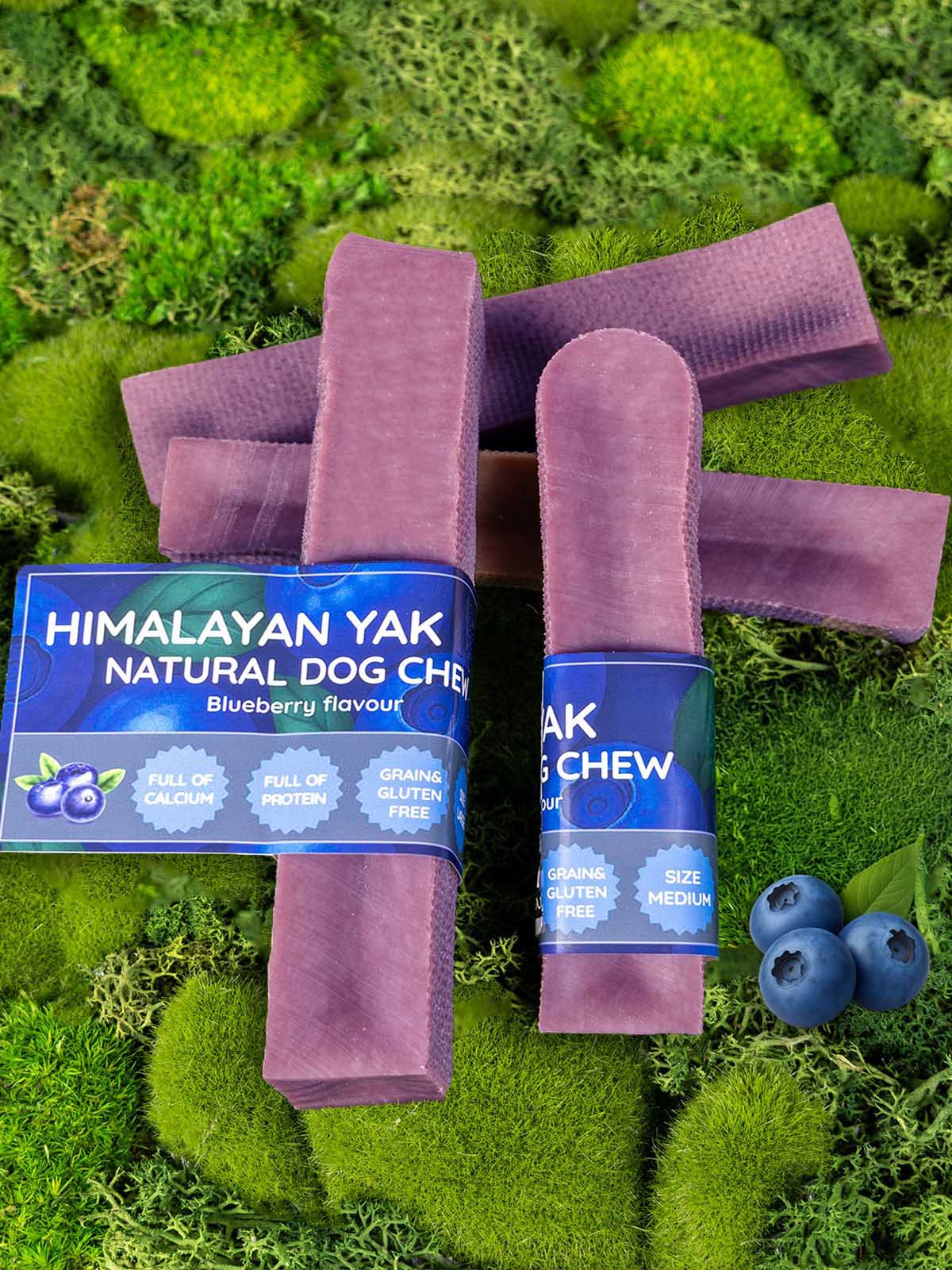 Blueberry Yak Floppy Ear Himalayan Yak Chews Blueberry Flavour Medium and Large sizes on moss with blueberries Chew - Floppy Ear