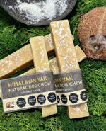Floppy Ear Himalayan Yak Chews Coconut Flavour Medium and Large sizes on moss with coconut