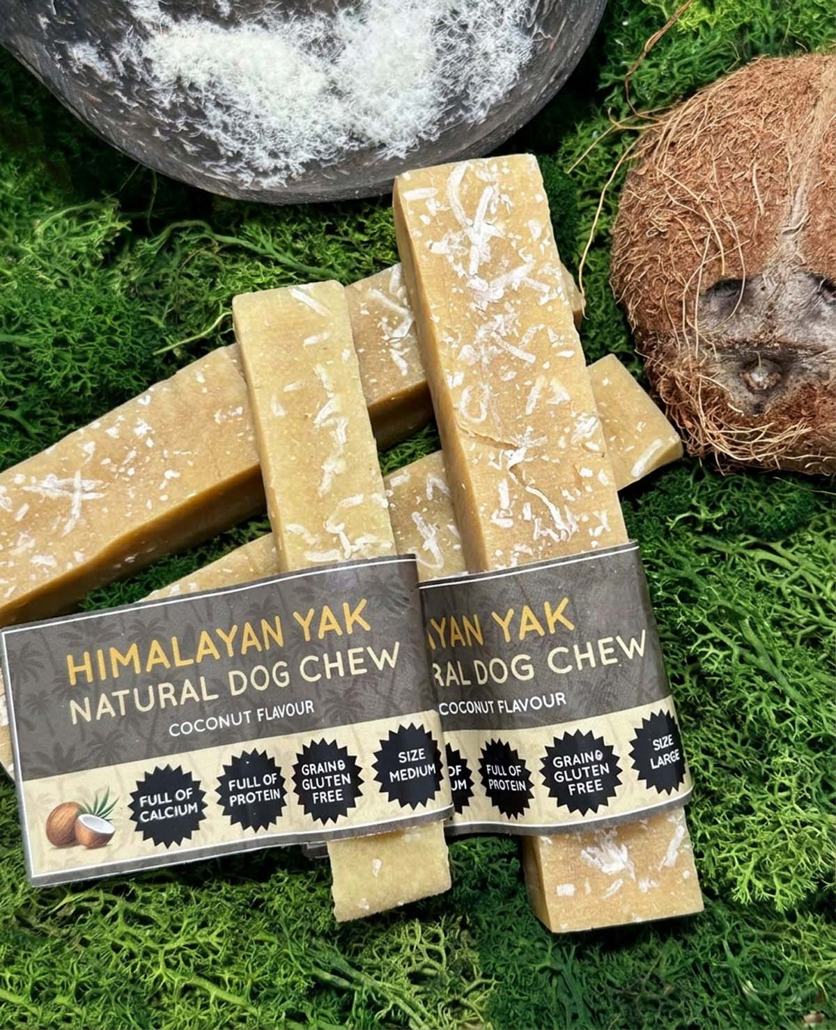 Floppy Ear Himalayan Yak Chews Coconut Flavour Medium and Large sizes on moss with coconut