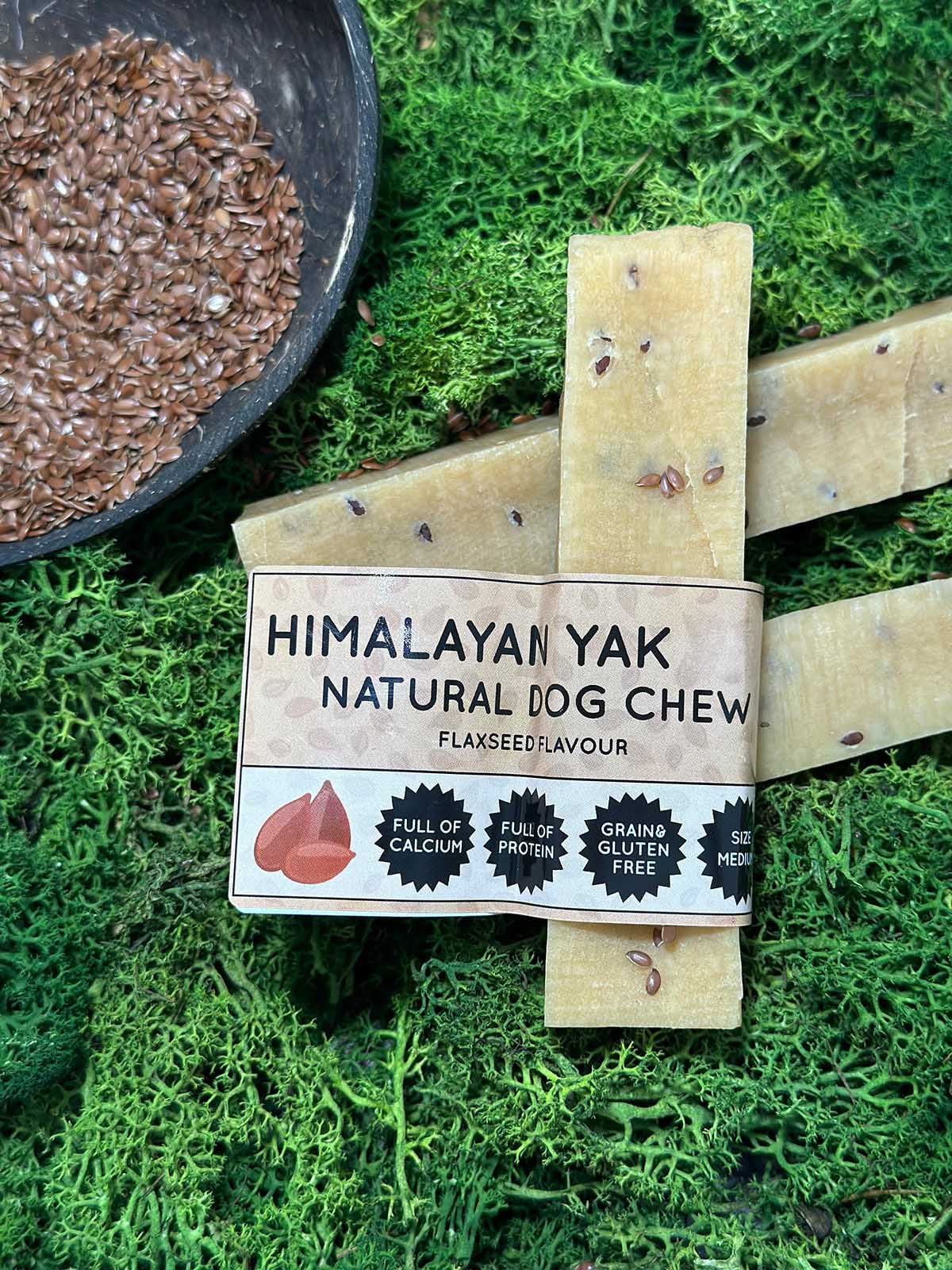 Floppy Ear Himalayan Yak Dog Chew Flaxseed Flavour Medium size on moss with flaxseeds