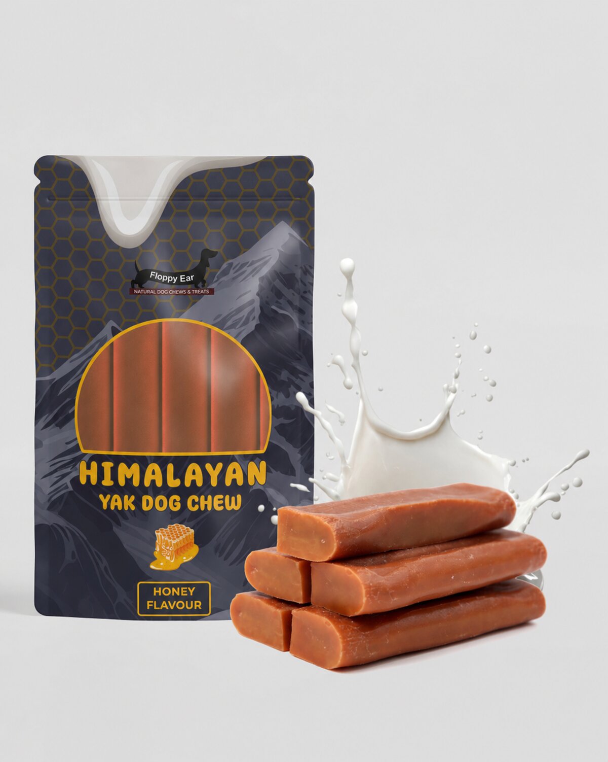 Floppy Ear Himalayan Yak Dog Chew Honey Flavour 5 Large size pouch