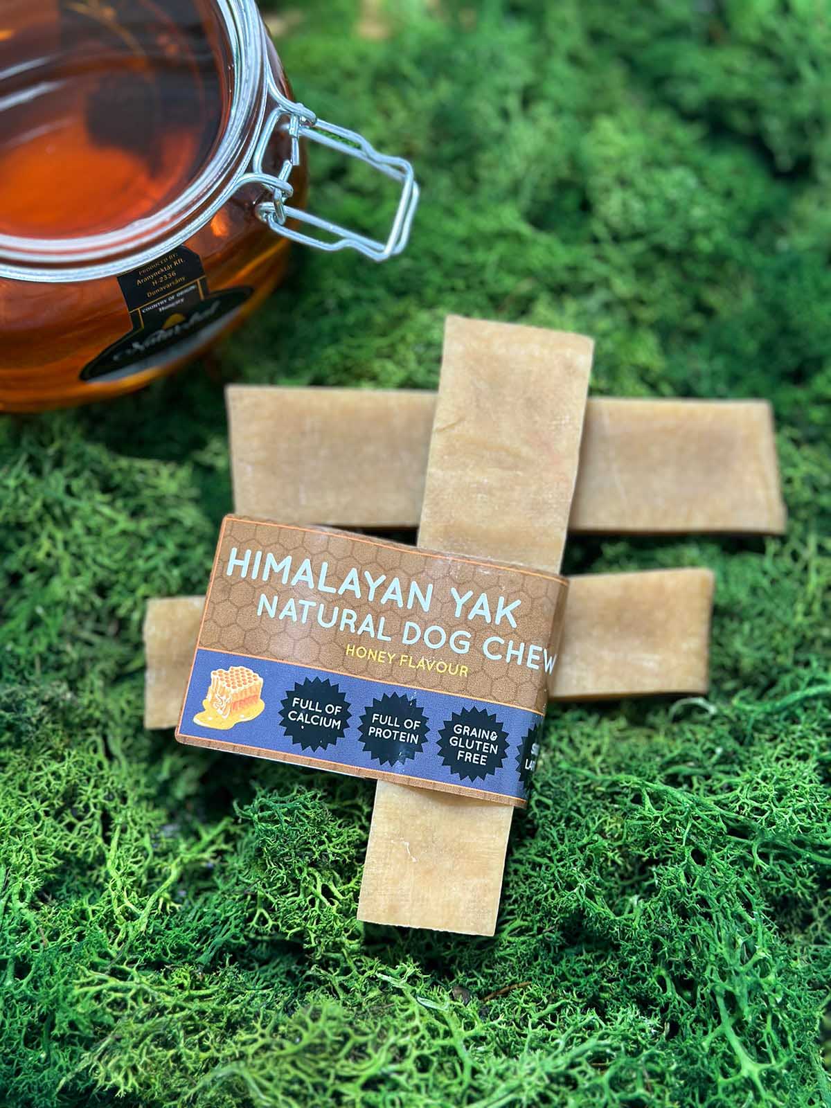 Floppy Ear Himalayan Yak Chews Honey Flavour Large size on moss with honey jar