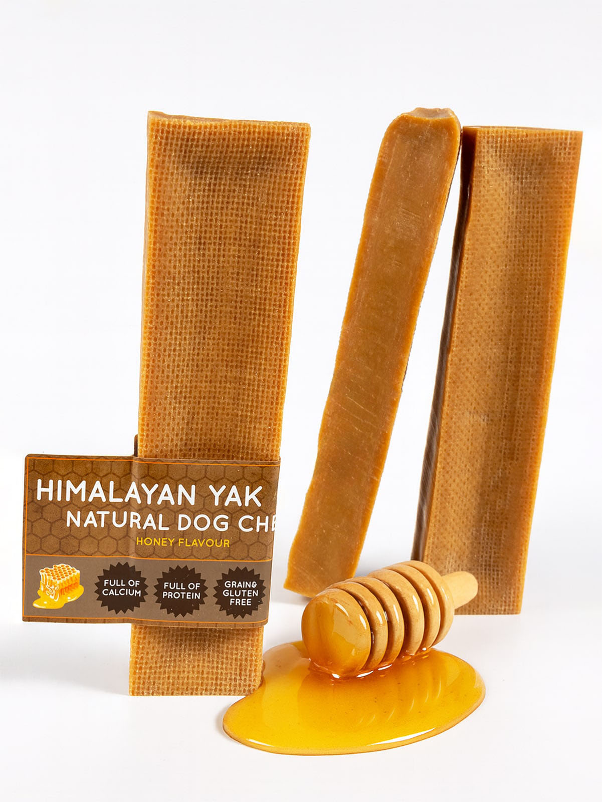 Floppy Ear Himalayan Yak Chews Honey Flavour Extra Large XL size three chews with honey dipper and honey