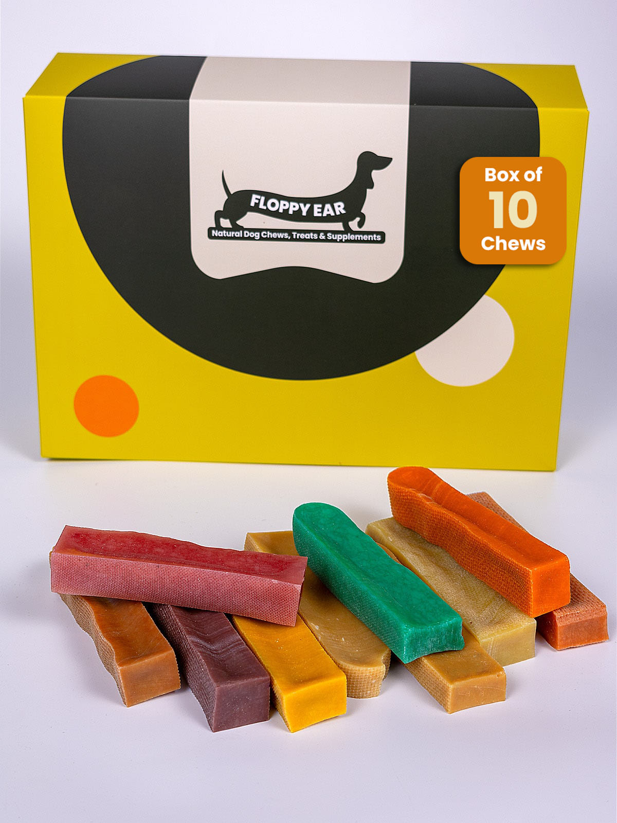 Floppy Ear Himalayan Yak Chews Mixed Flavours Box of 10 with variety of colourful natural dog chews
