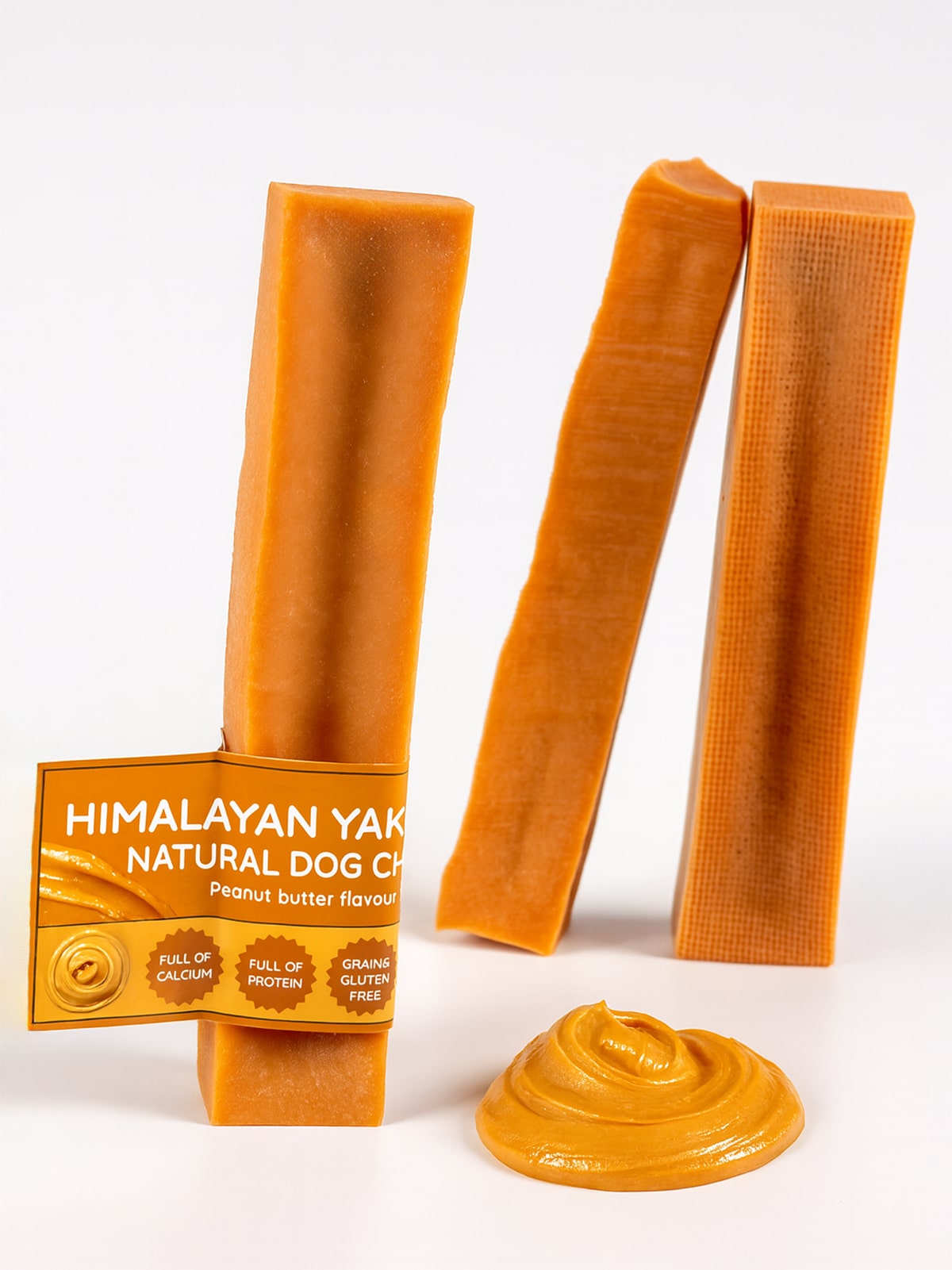Floppy Ear Himalayan Yak Chews Peanut Butter Flavour three chews with peanut butter swirl