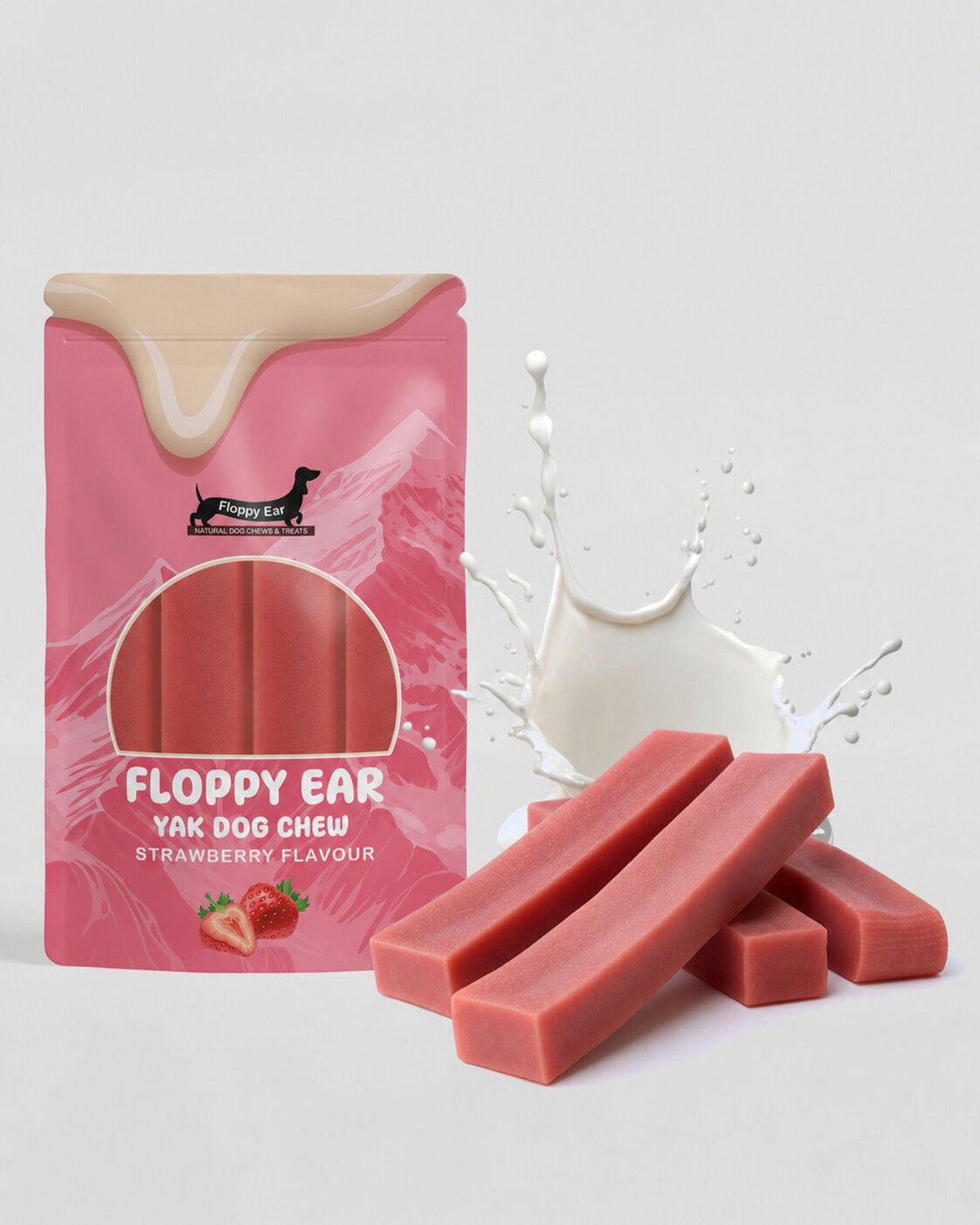 Floppy Ear Himalayan Yak Dog Chew Strawberry Flavour 4 Extra Large XL size pouch