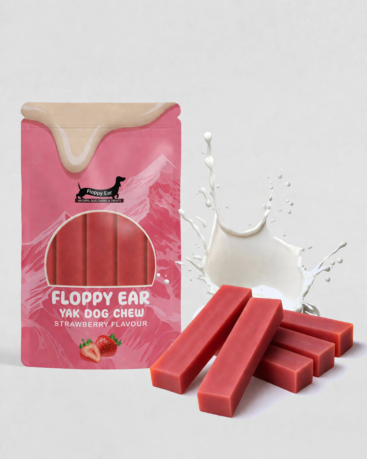 Floppy Ear Himalayan Yak Dog Chew Strawberry Flavour 5 Large size pouch
