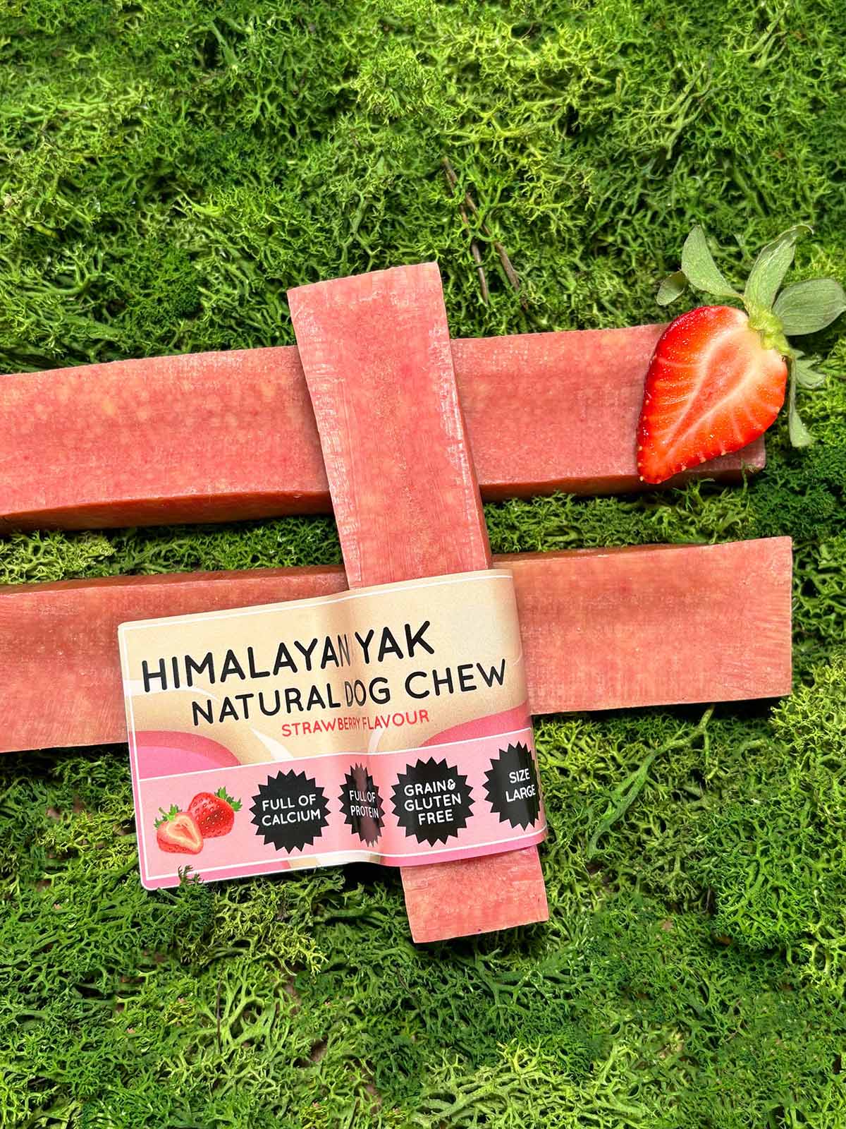 Floppy Ear Himalayan Yak Chew Strawberry Flavour Large size on moss with fresh strawberry