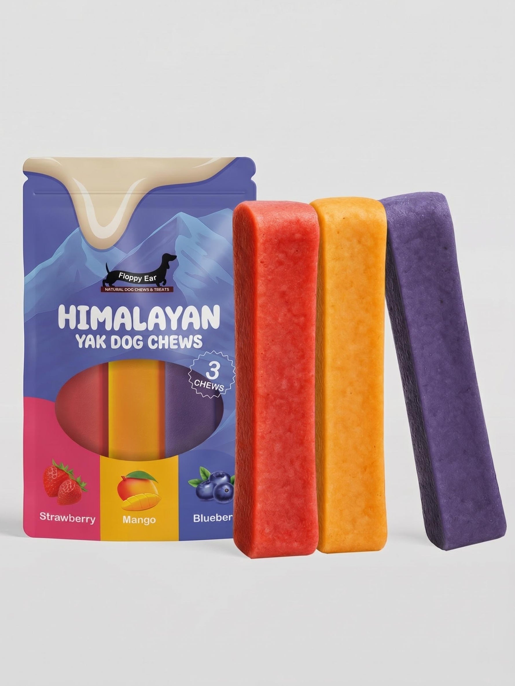 Floppy Ear Himalayan Yak Chews Strawberry Mango Blueberry Flavour Large 3 Pack with individual strawberry, mango and blueberry chews