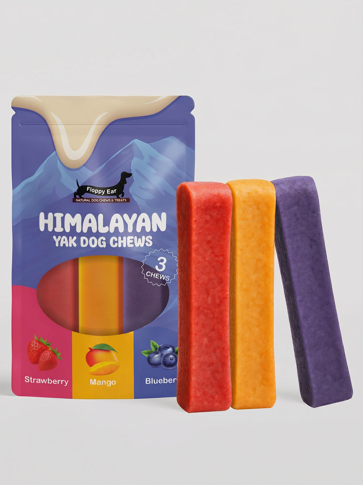 Floppy Ear Himalayan Yak Chews Strawberry Mango Blueberry Flavour Medium 3 Pack with individual strawberry, mango and blueberry chews