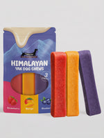 Floppy Ear Himalayan Yak Chews Strawberry Mango Blueberry Flavour Medium 3 Pack with individual strawberry, mango and blueberry chews