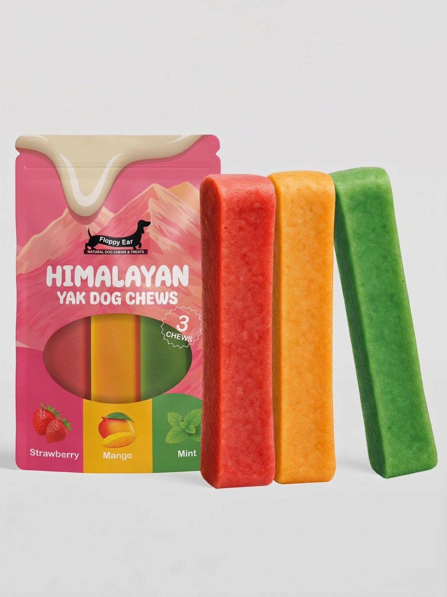 Floppy Ear Himalayan Yak Chews Strawberry Mango Mint Flavour Large 3 Pack with individual strawberry, mango and mint chews