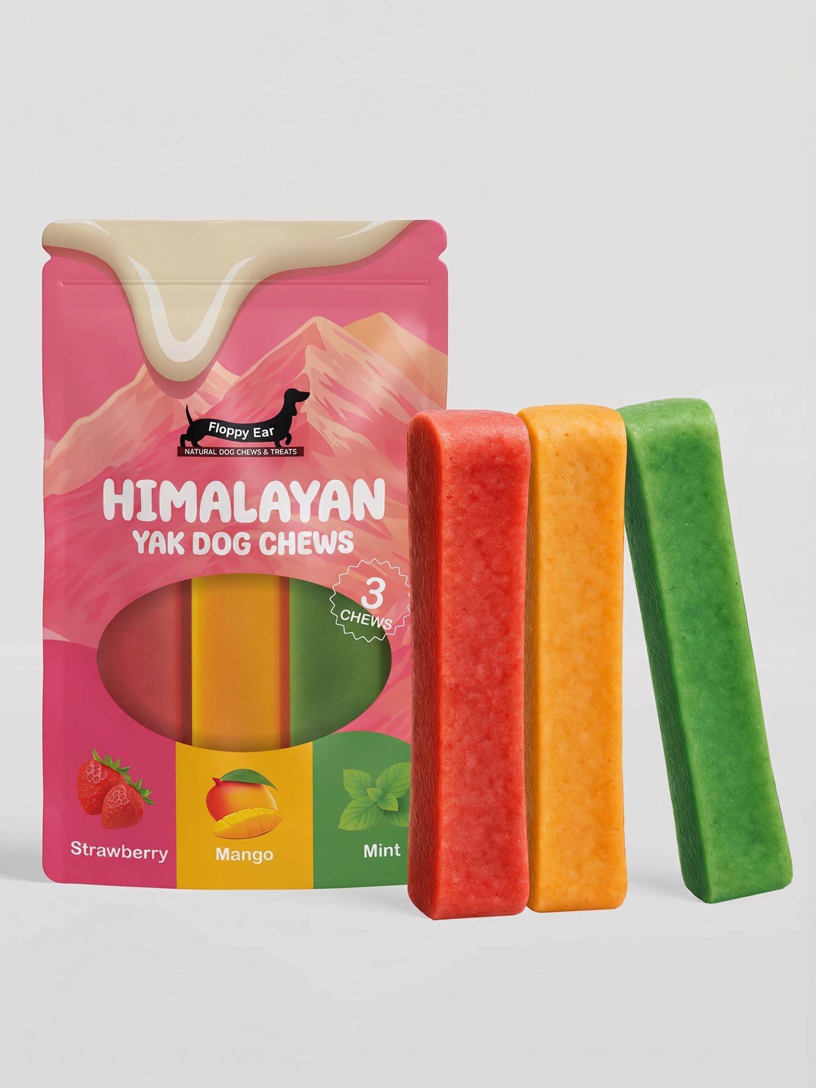 Floppy Ear Himalayan Yak Chews Strawberry Mango Mint Flavour Medium 3 Pack with individual strawberry, mango and mint chews