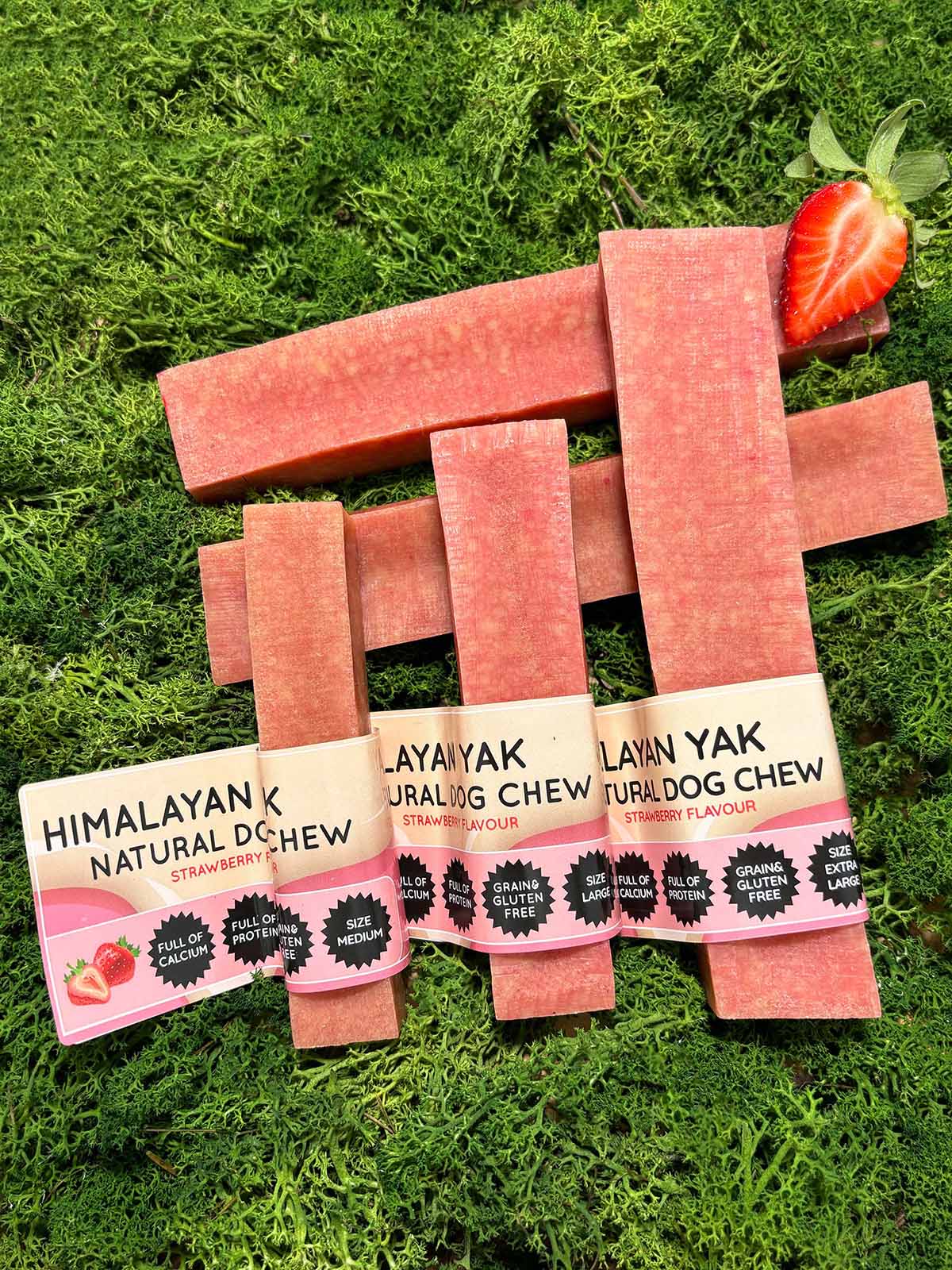 Floppy Ear Himalayan Yak Chews Strawberry Flavour Medium, Large and XL sizes on moss with fresh strawberries