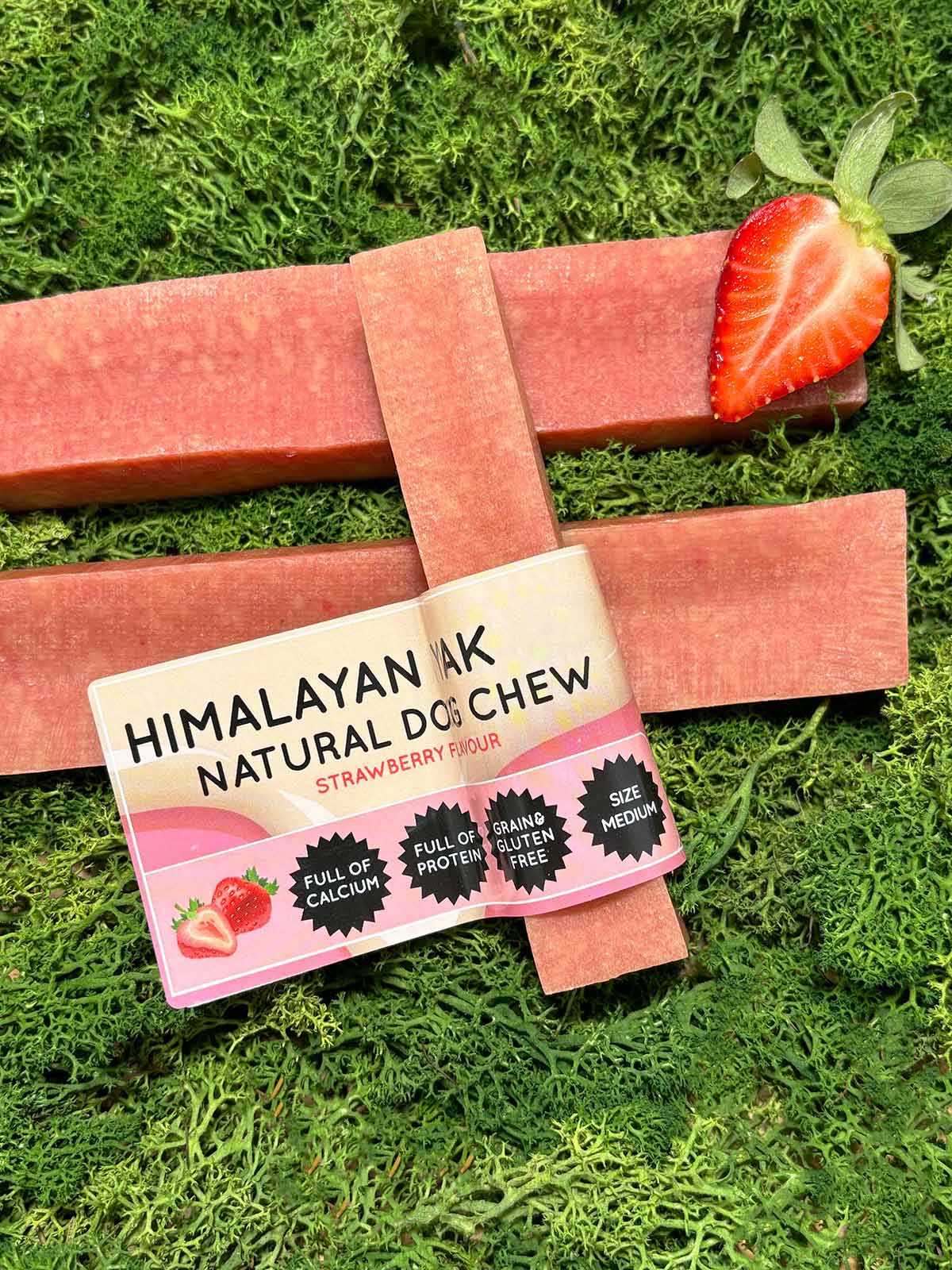 Floppy Ear Himalayan Yak Chew Strawberry Flavour Medium size on moss with fresh strawberry
