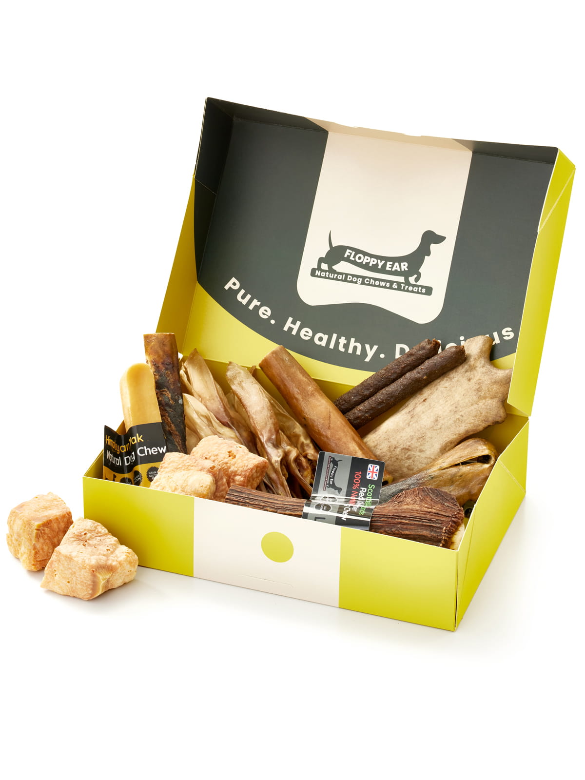 Floppy Ear Large Puppy Box open at an angle showing variety of natural dog chews including Himalayan yak, red deer antler and beef strips with "Pure. Healthy. Delicious." slogan