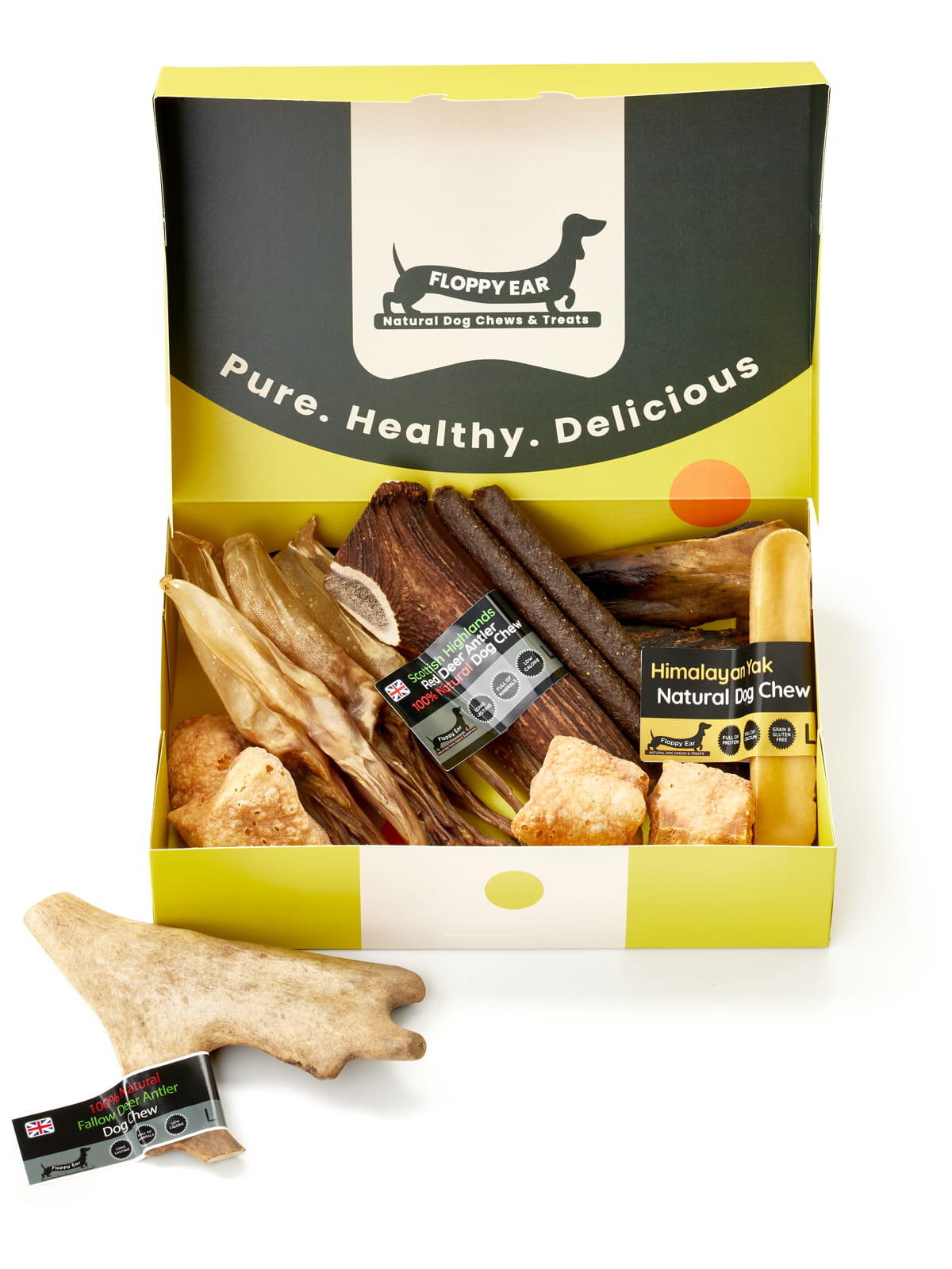 Floppy Ear Large Puppy Box open front view displaying full assortment of premium natural large-size dog chews and treats