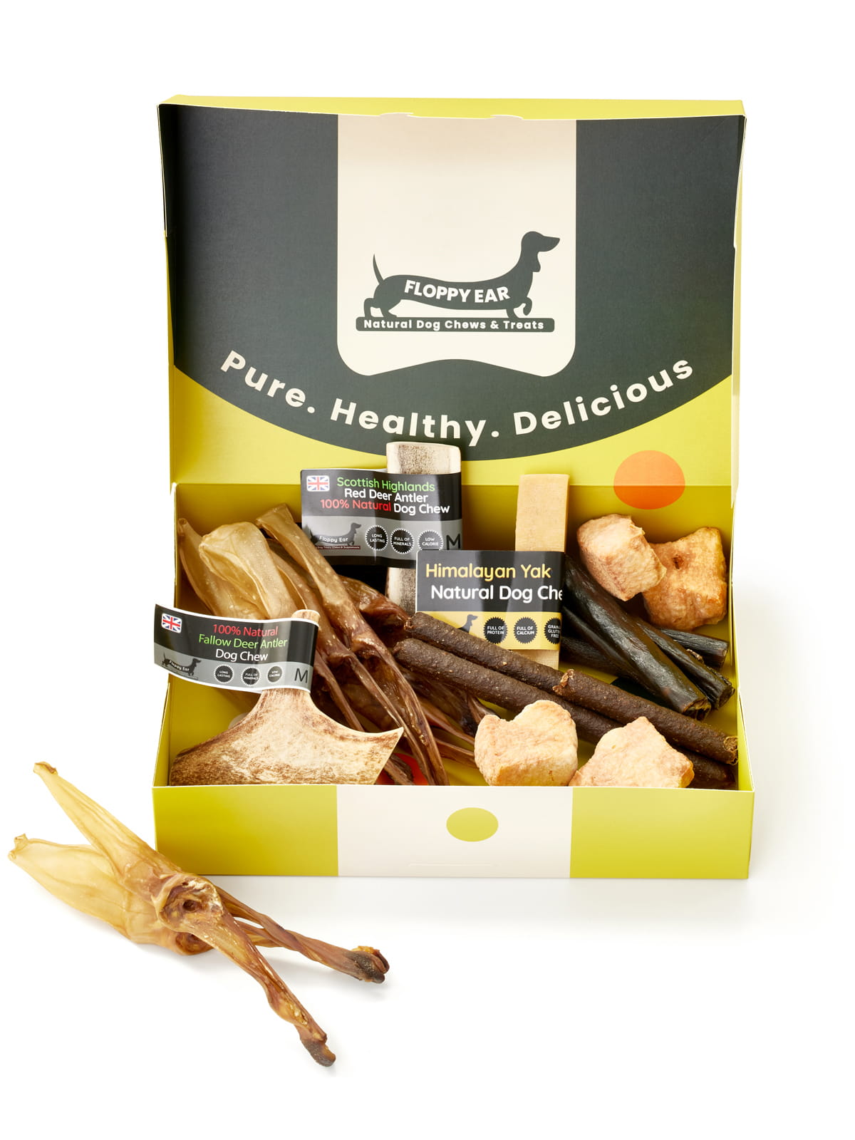 Floppy Ear Medium Puppy Box open front view displaying full assortment of premium natural medium-size dog chews and treats