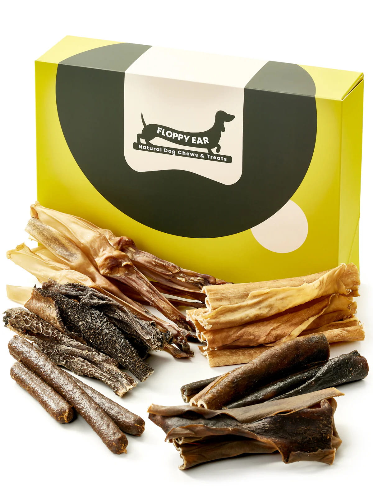 Floppy Ear Natural Chews & Treats Box closed with selection of natural dog chews arranged in front