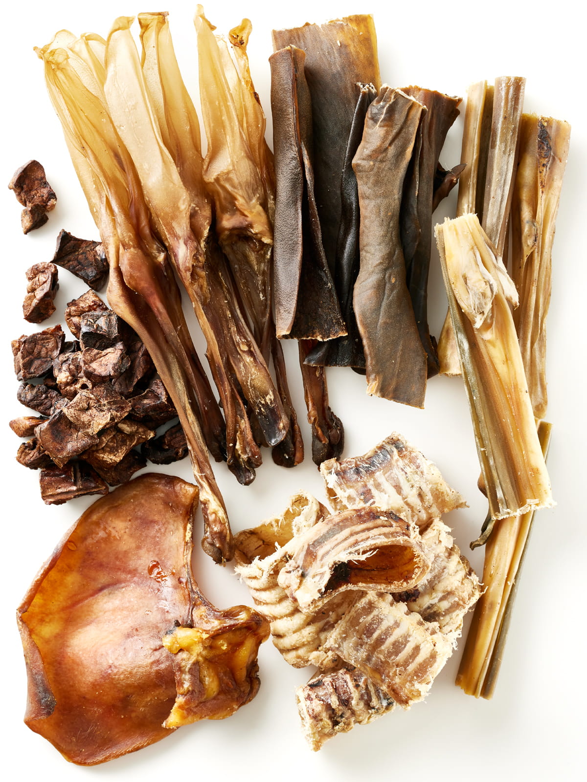 Flat lay assortment of natural dog chews and treats from Floppy Ear – variety of premium single-ingredient chews including beef cubes, trachea rings, pig ear and skins