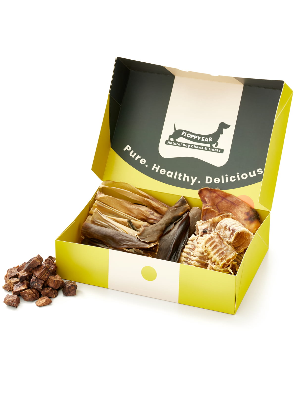 Floppy Ear Natural Chews & Treats Box open at an angle showing assortment of healthy natural dog chews and treats with “Pure. Healthy. Delicious.” slogan