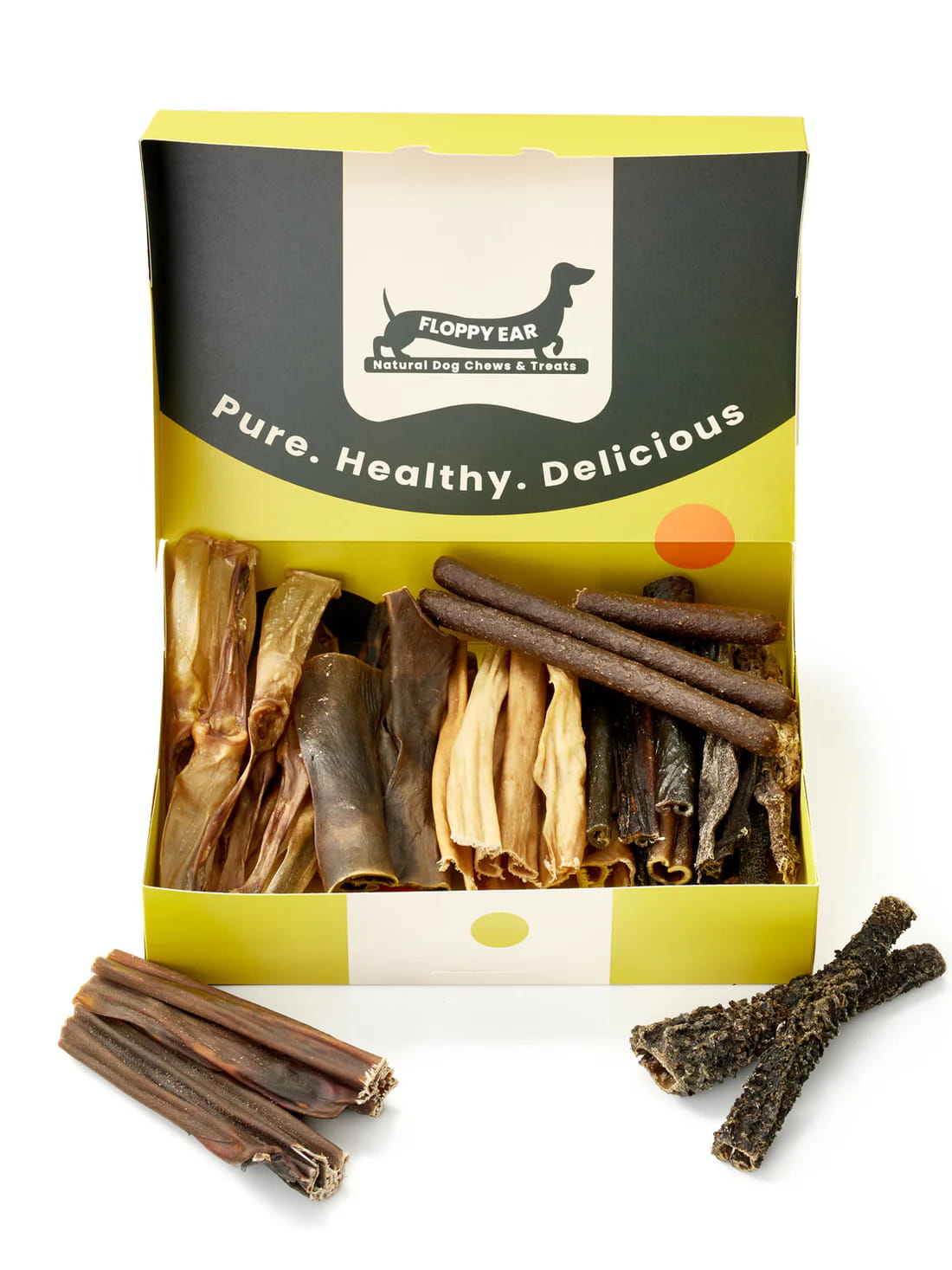 Floppy Ear Natural Chews & Treats Box open front view displaying full assortment of healthy natural dog chews and treats