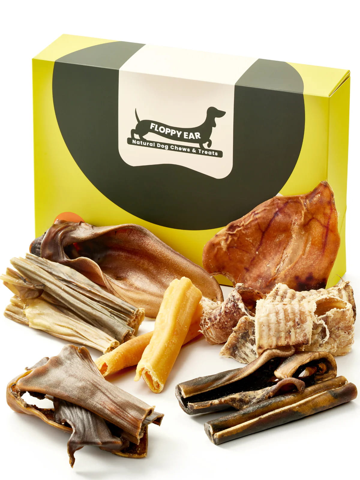 Floppy Ear Natural Chews Box closed with large selection of natural dog chews and treats arranged in the foreground