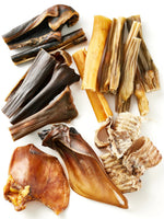 Flat lay assortment of natural dog chews from Floppy Ear – variety of premium single-ingredient chews including pig ears, trachea rings, beef rolls and skins on white background