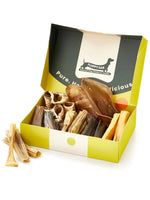 Floppy Ear Natural Chews Box open at an angle showing variety of premium natural dog chews and treats with "Pure. Healthy. Delicious." on the lid