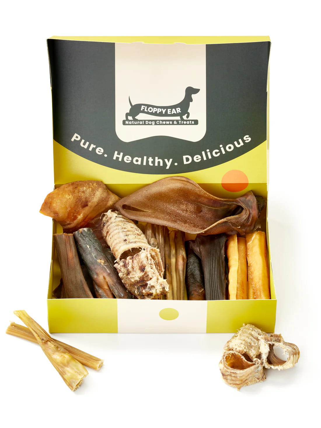 Floppy Ear Natural Chews Box open front view displaying full assortment of healthy natural dog chews including trachea, pig ears and rolled chews