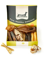 Floppy Ear Natural Chews Box open front view displaying full assortment of healthy natural dog chews including trachea, pig ears and rolled chews