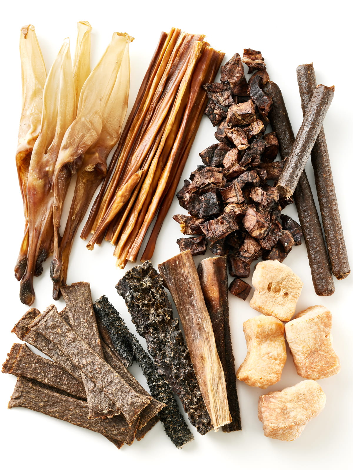 Flat lay assortment of natural dog treats from Floppy Ear – variety of premium single-ingredient treats including beef cubes, trachea, meaty sticks and more on white background