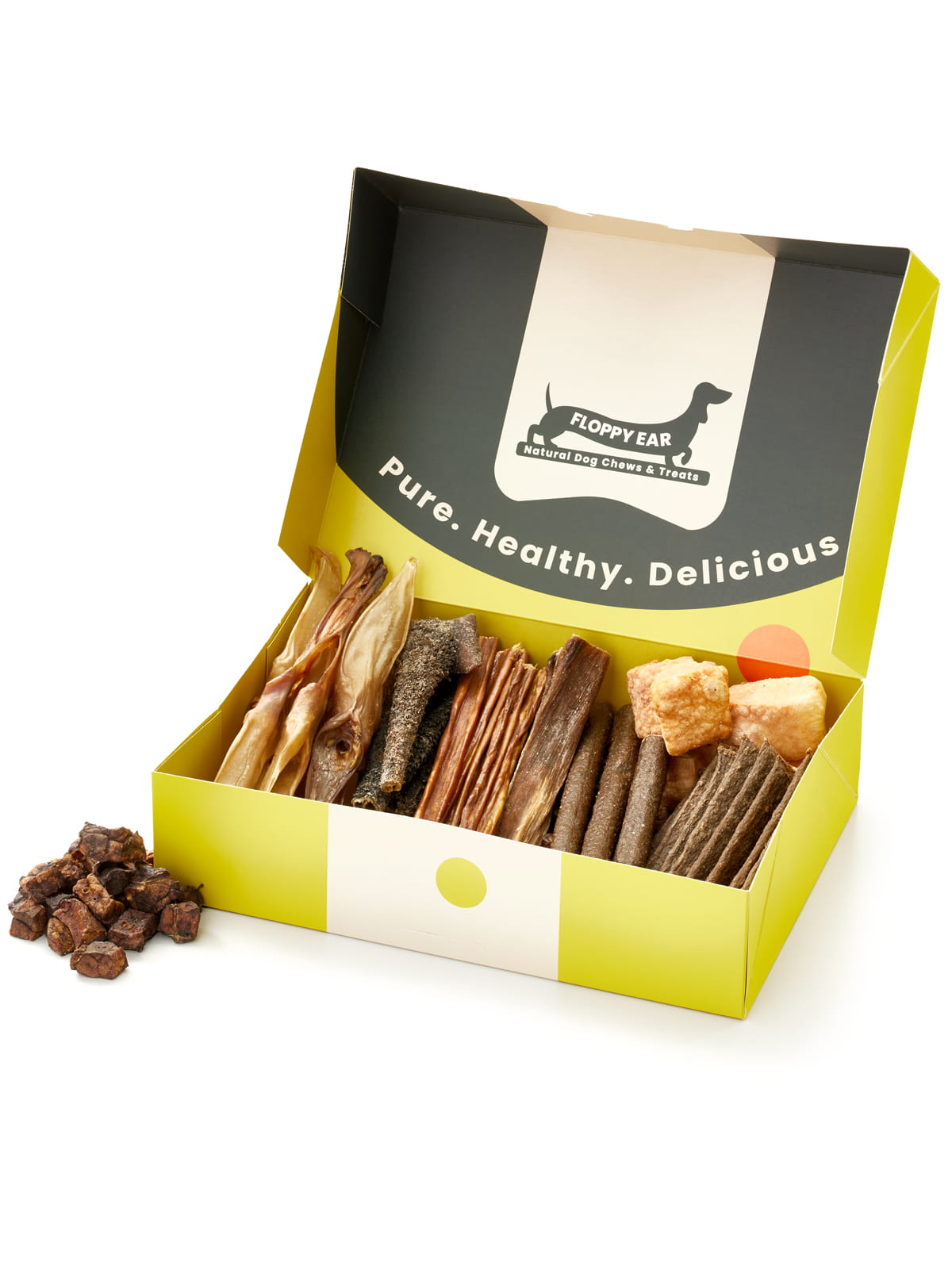 Floppy Ear Natural Treats Box open at an angle showing variety of premium natural dog treats with "Pure. Healthy. Delicious." on the lid