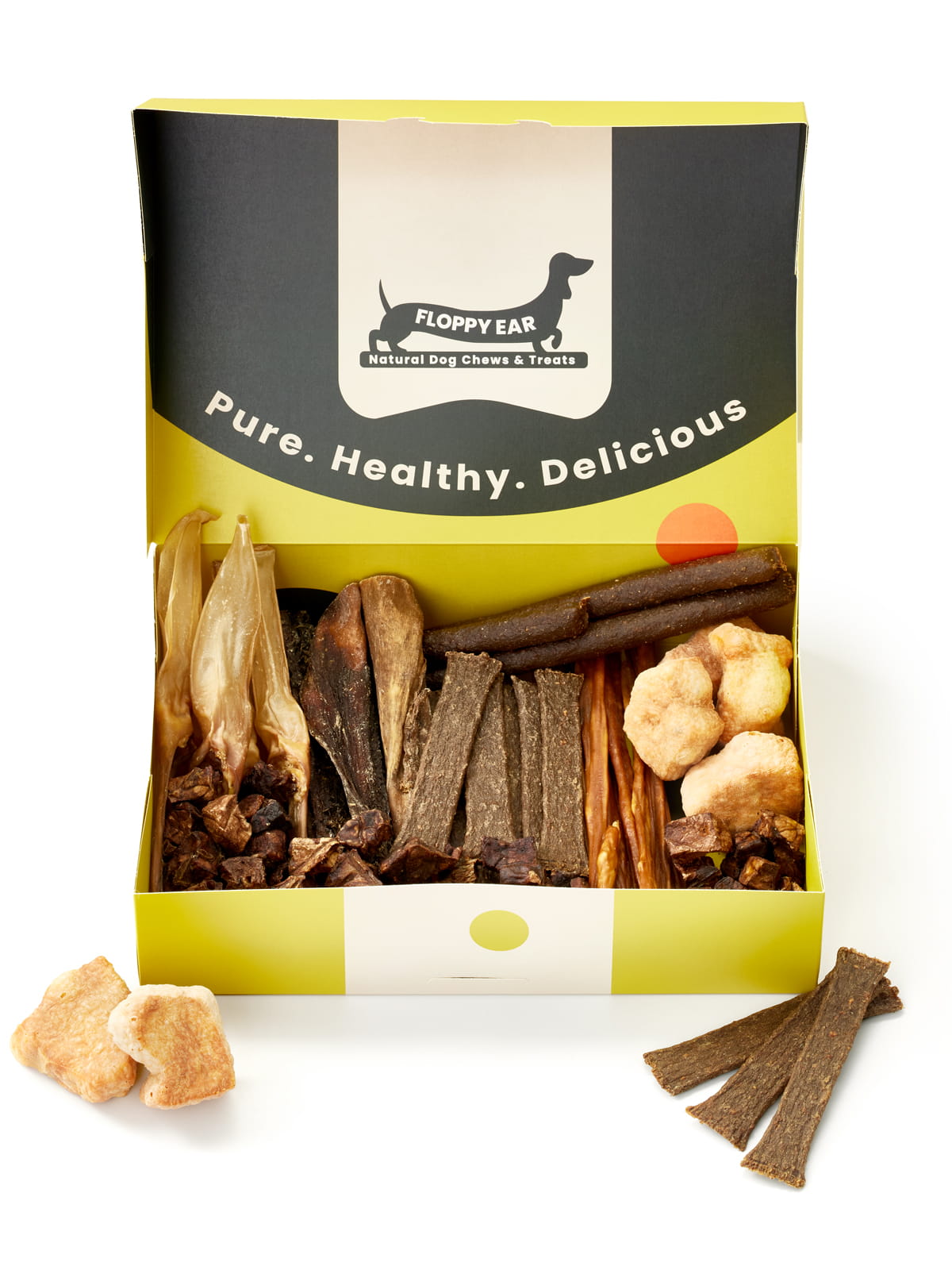 Floppy Ear Natural Treats Box open front view displaying full assortment of healthy natural dog treats and chews